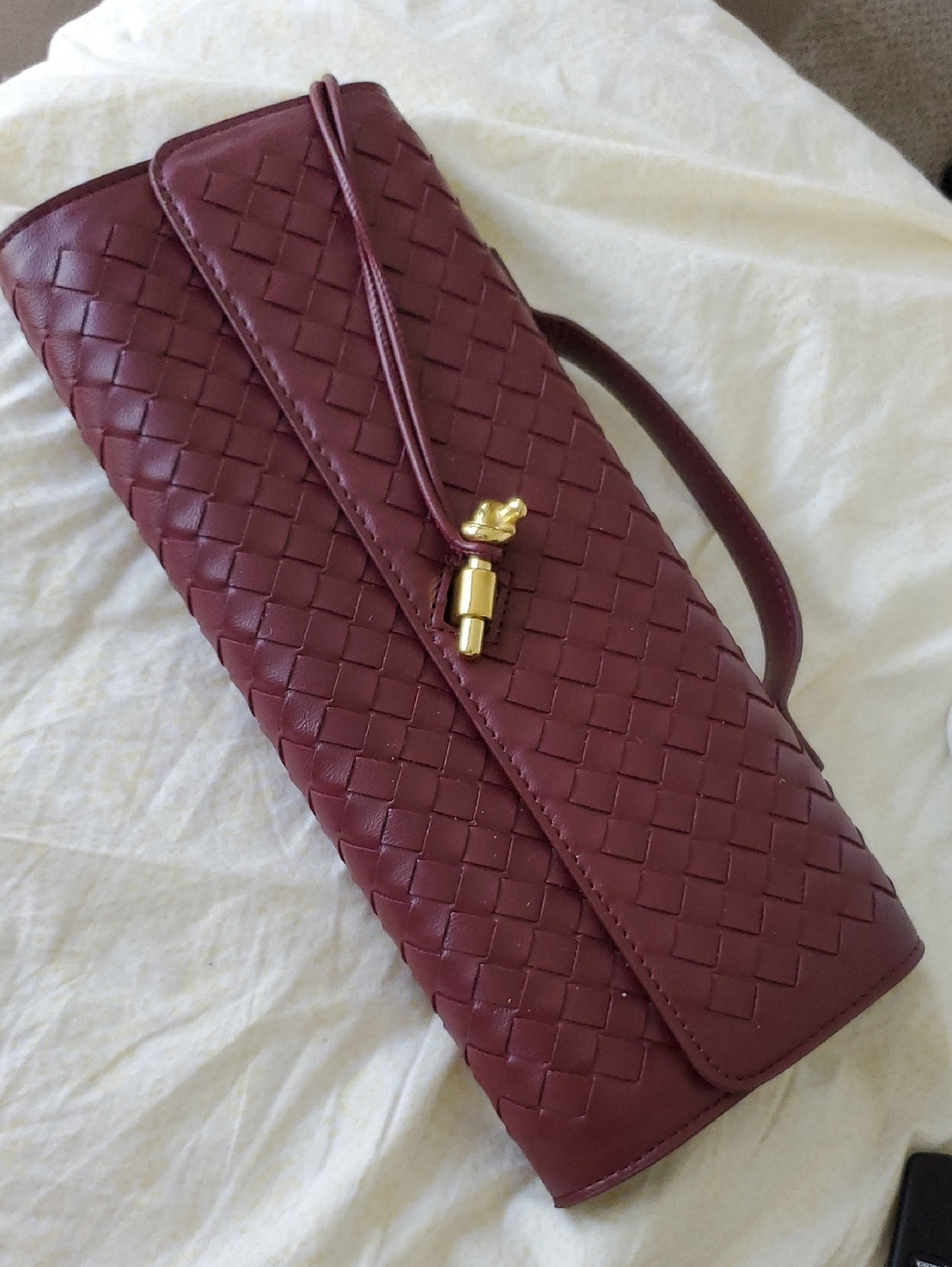 Woven Faux Leather Burgundy Clutch Bag with Gold Accent